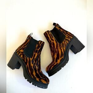 Prada Black Brown Calf Hair Leopard Print Lug Sole Chelsea Ankle boots EU 39
